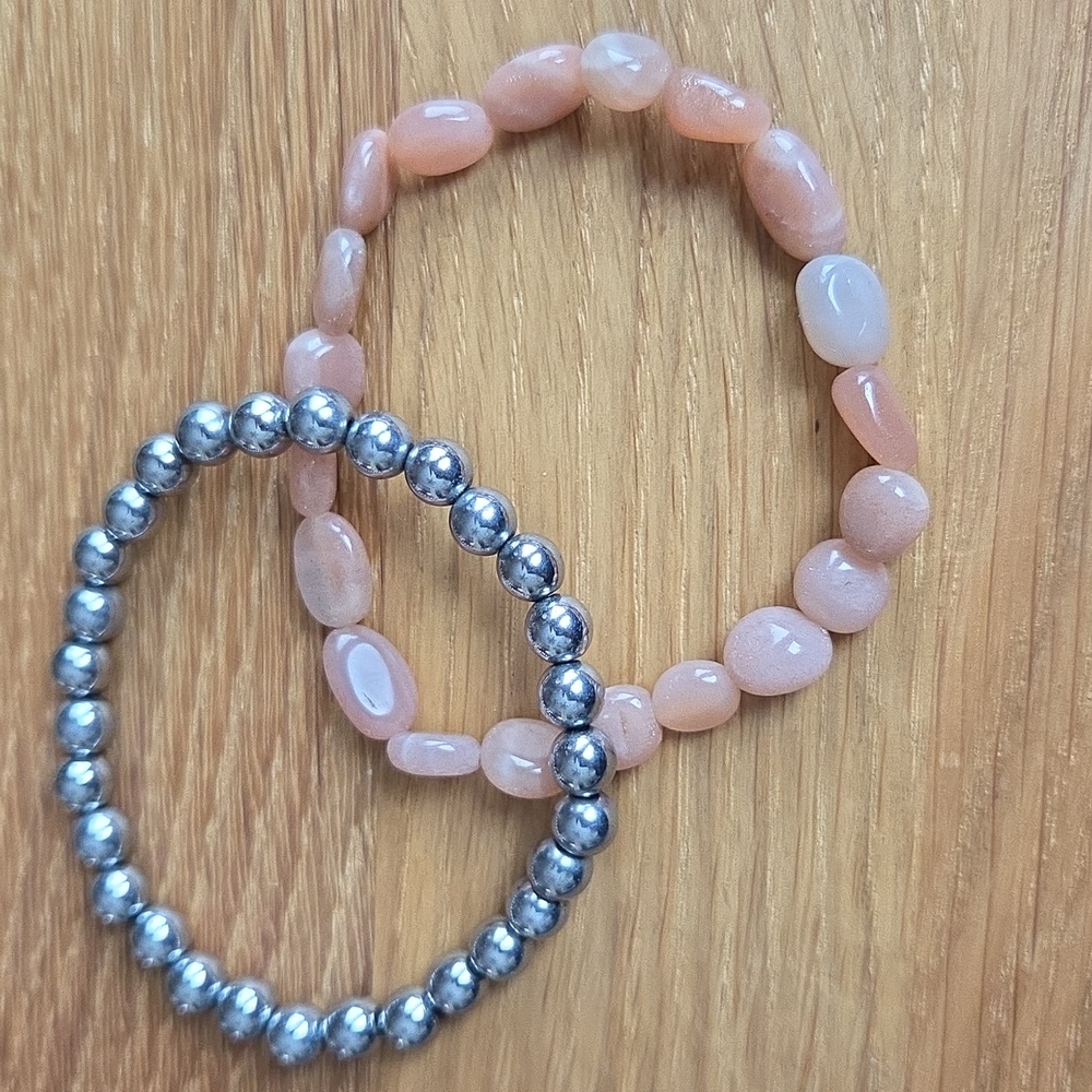 Silver Hematite & Orange Sunstone Bead Stretch Bracelet Set, Hand Crafted - Picture 8 of 13